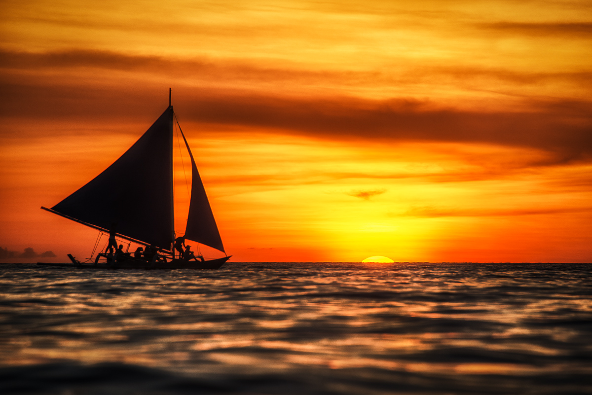 Boracay, Island, Philippines, sunset, boat, sailboat, orange, sky, clouds, water, ocean, sea
