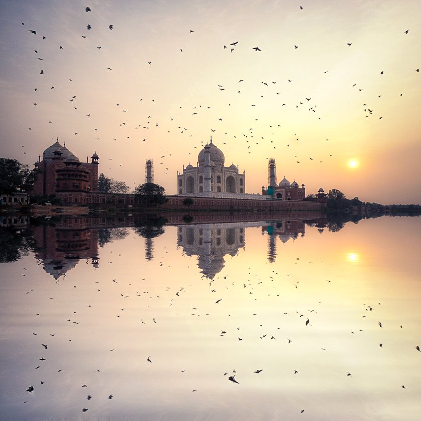 India, Peter DeMarco, Taj Majal, architecture, asia, birds, photography, reflection, river, sunlight, sunset, travel, travelphotography
