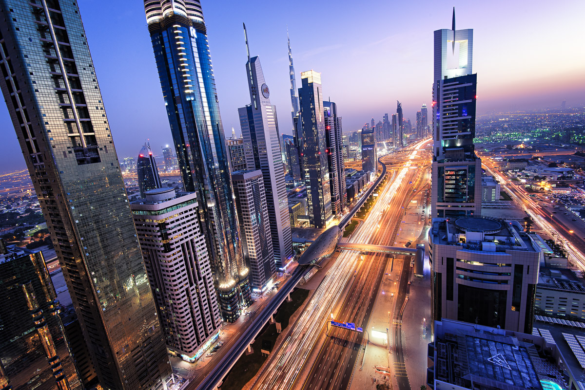 Adventure, Burj Kalifa, Dubai, King Zayed Road, Middle East, Nomad Within, Peter DeMarco, UAE, United Arab Emirates, cityscape, highway, light trails, night, photography, sunset, travel