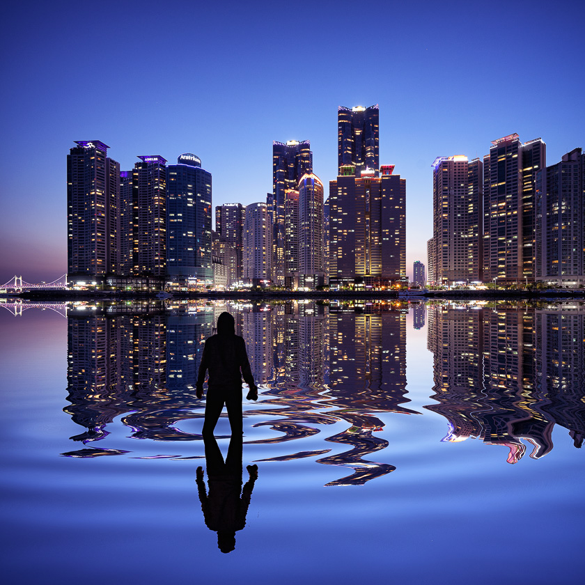 Busan, Dongbaek, Flood, Korea, Peter DeMarco, architecture, asia, blue hour, marine city, photography, reflection, tips, travel, water